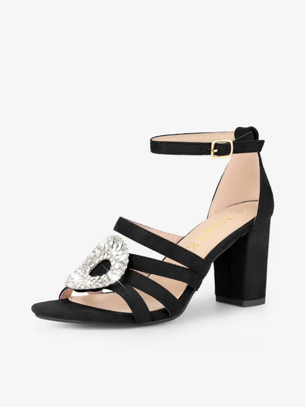 Women's Open Toe Crystal Rhinestone Buckle Chunky Heel Sandal sold by Allegra K