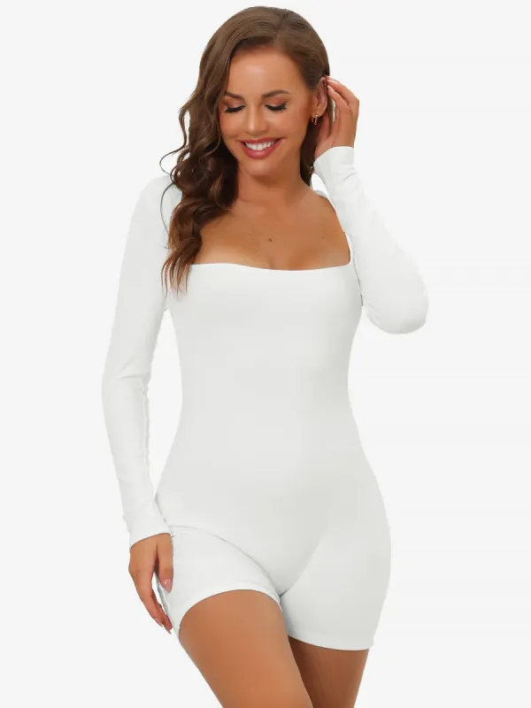 Square Neck Leotard Shapewear Long Sleeve Bodysuit sold by Allegra K