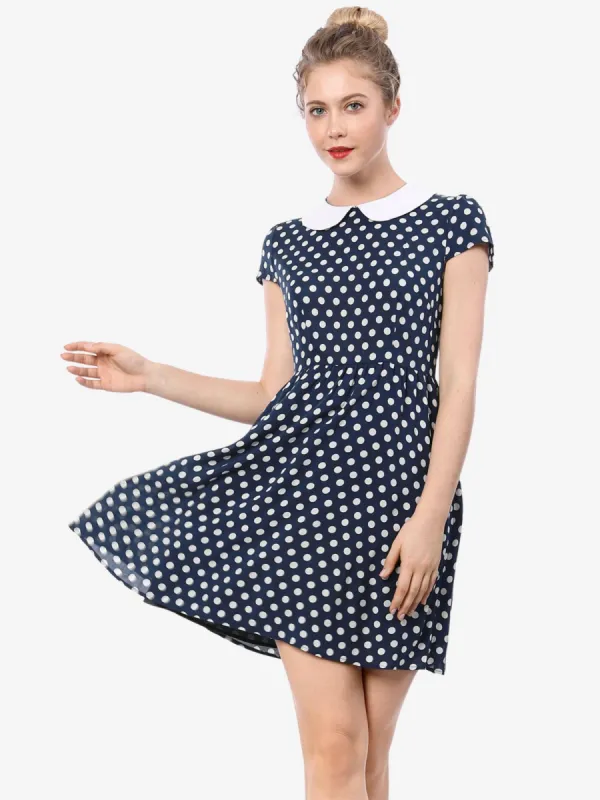 Peter Pan Collar Short Sleeve Contrast A-Line Polka Dots Dress sold by Allegra K