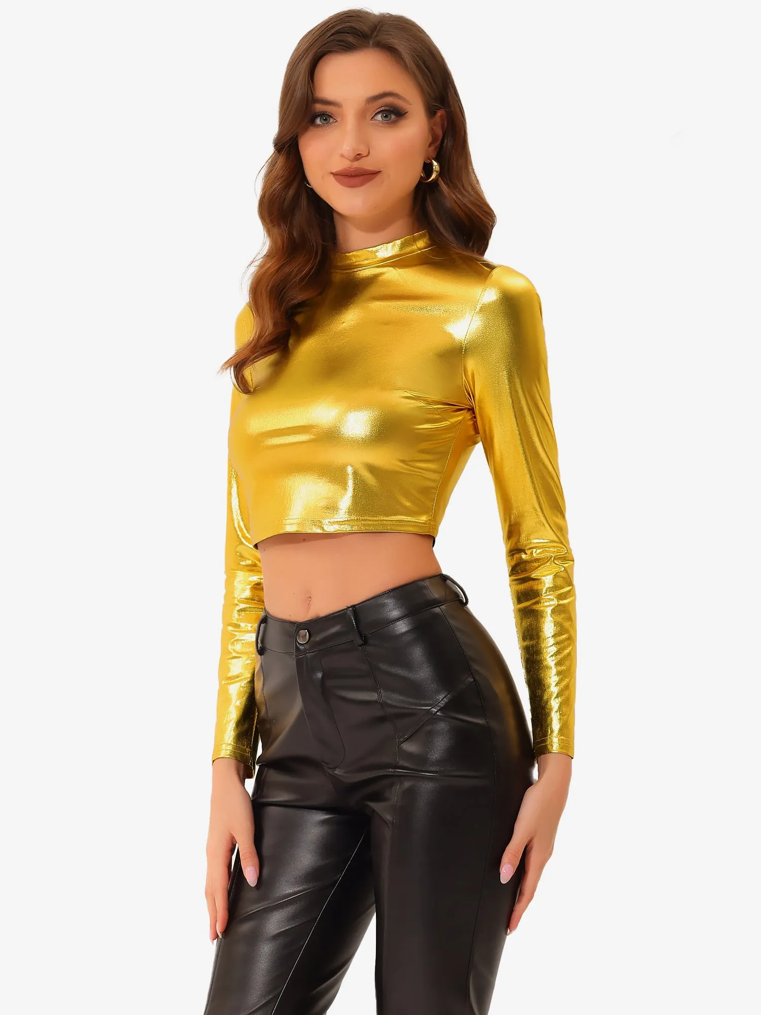 Metallic Long Sleeve Shiny Disco Party Slim Fitted Crop Blouse sold by Allegra K