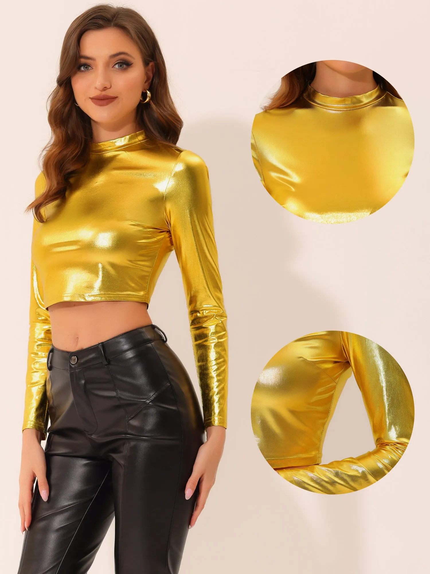 Metallic Long Sleeve Shiny Disco Party Slim Fitted Crop Blouse sold by Allegra K product image thumbnail 2