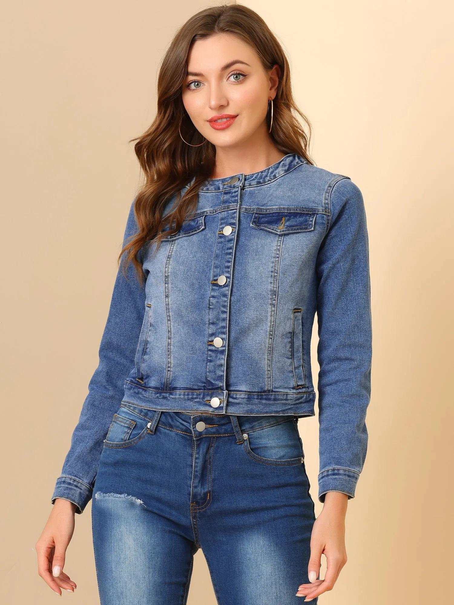 Casual Button Down Collarless Long Sleeve Denim Jacket sold by Allegra K product image thumbnail 2