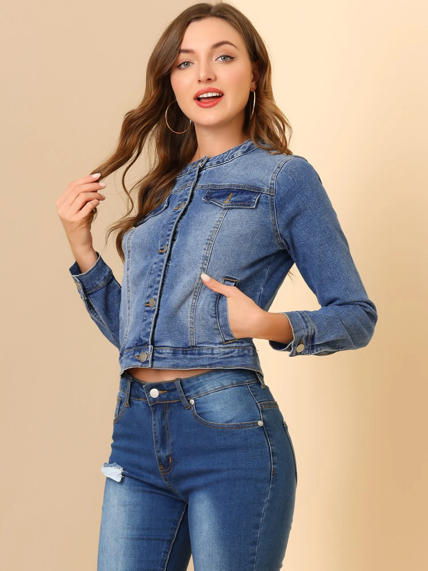 Casual Button Down Collarless Long Sleeve Denim Jacket sold by Allegra K product image thumbnail 3