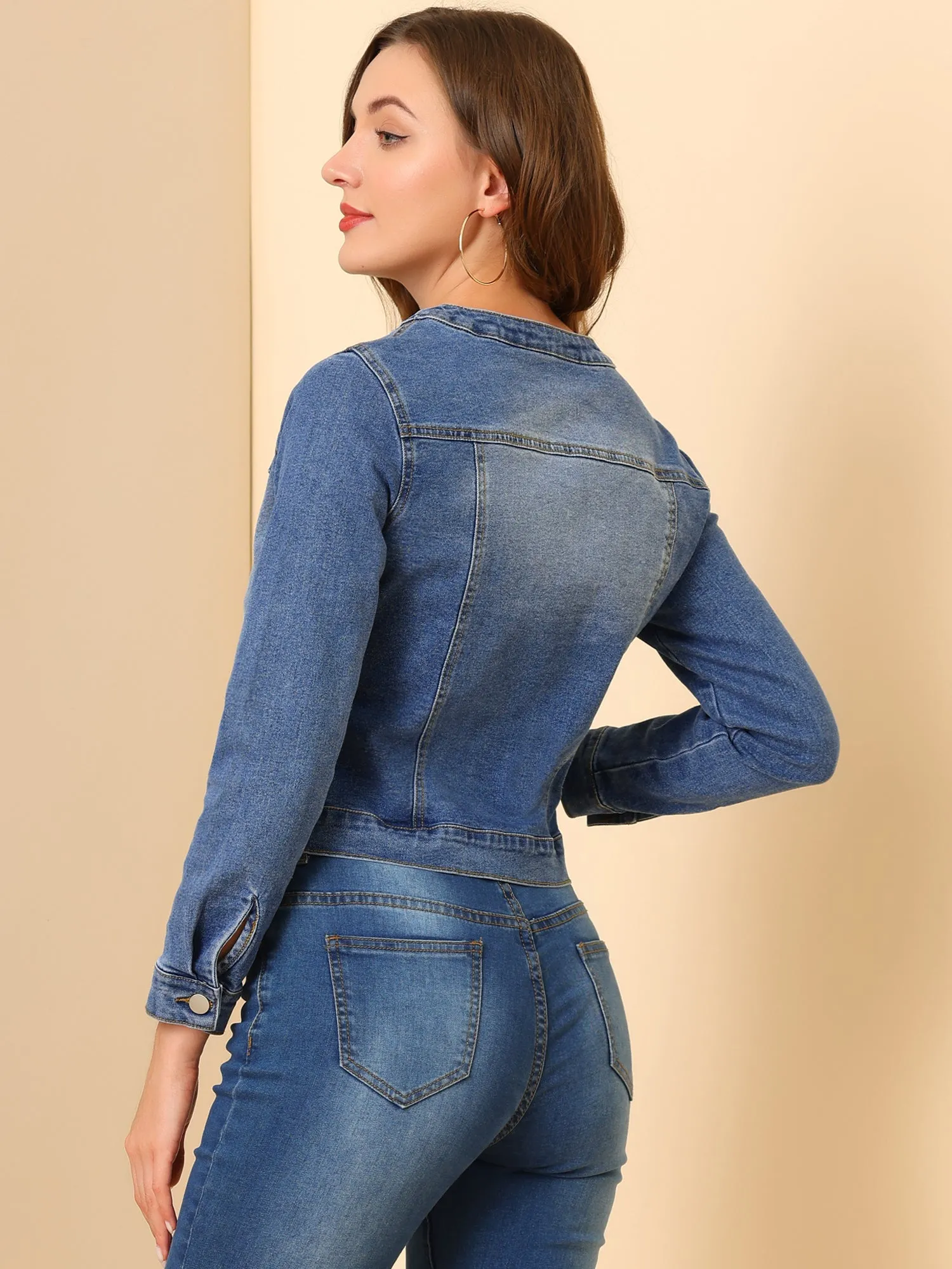 Casual Button Down Collarless Long Sleeve Denim Jacket sold by Allegra K product image thumbnail 4