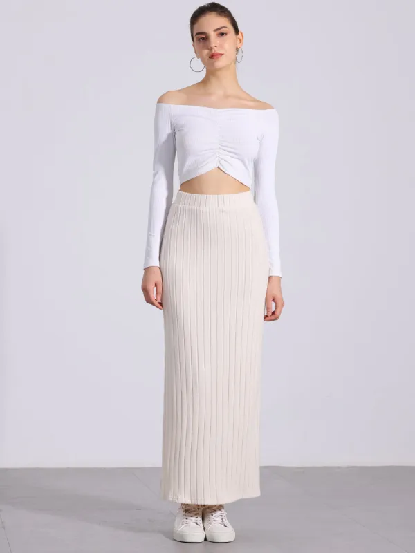 Knitted Textured Solid Color Slit Maxi Pencil Skirt sold by Allegra K