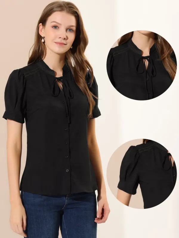 Summer Puff Short Sleeve Tie Neck Work Office Button Down Blouse sold by Allegra K