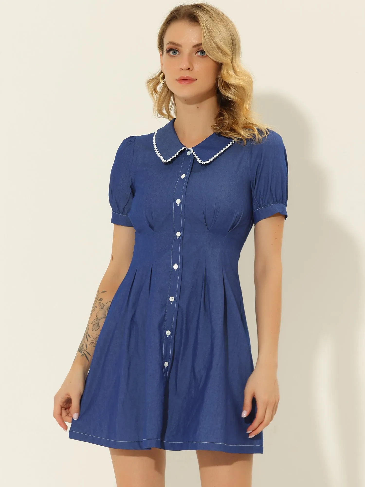 Chambray Puff Short Sleeve Flared Button Front Shirt Dress sold by Allegra K product image thumbnail 2