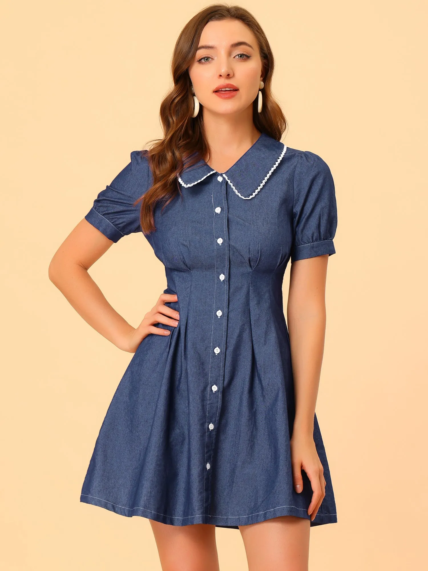 Chambray Puff Short Sleeve Flared Button Front Shirt Dress sold by Allegra K