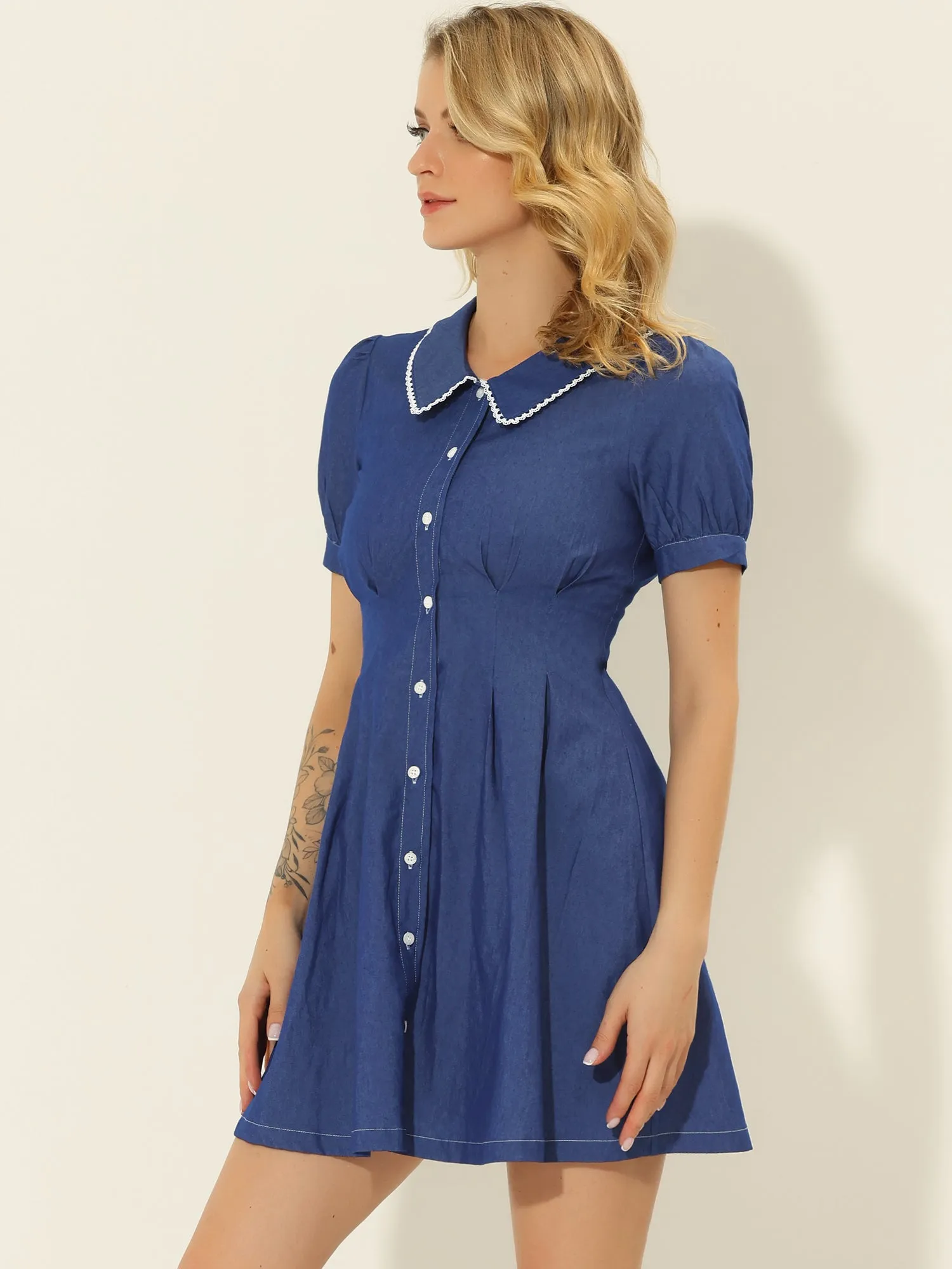 Chambray Puff Short Sleeve Flared Button Front Shirt Dress sold by Allegra K product image thumbnail 4