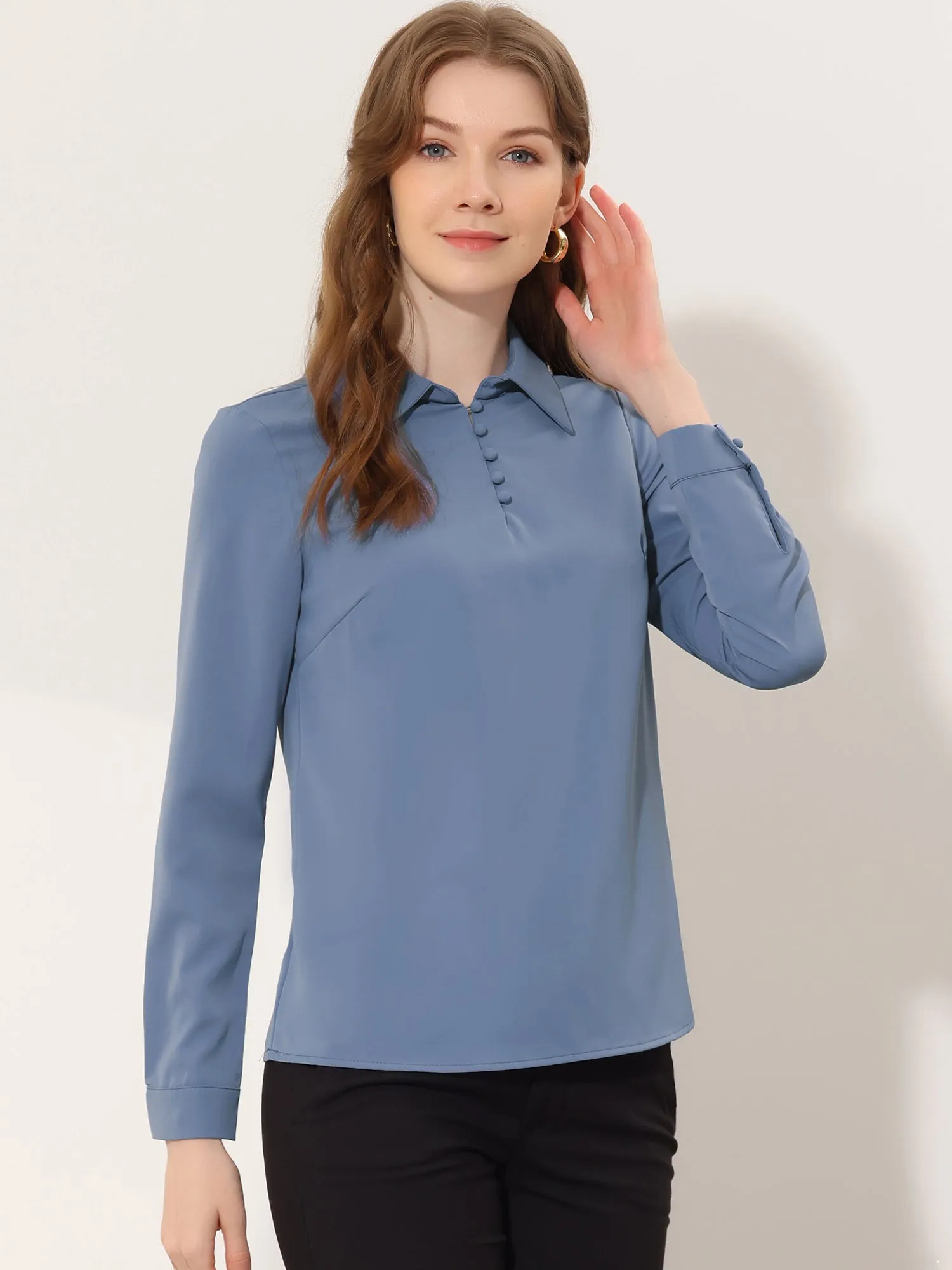 Office Blouse Point Collar Popover Chiffon Long Sleeve Shirt sold by Allegra K