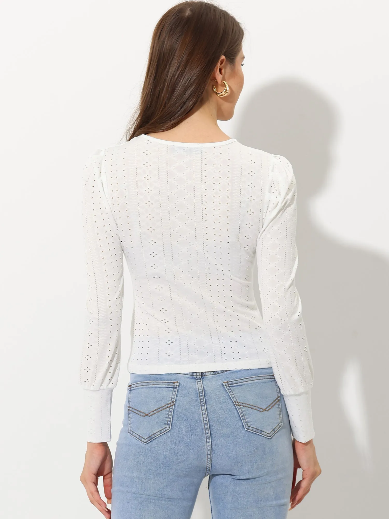 Round Neck Hallow Casual Slim Fit Long Puff Sleeve Shirt sold by Allegra K product image thumbnail 3