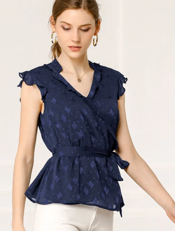 V Neck Ruffle Sleeveless Peplum Faux Wrap Tie Top Blouse sold by Allegra K