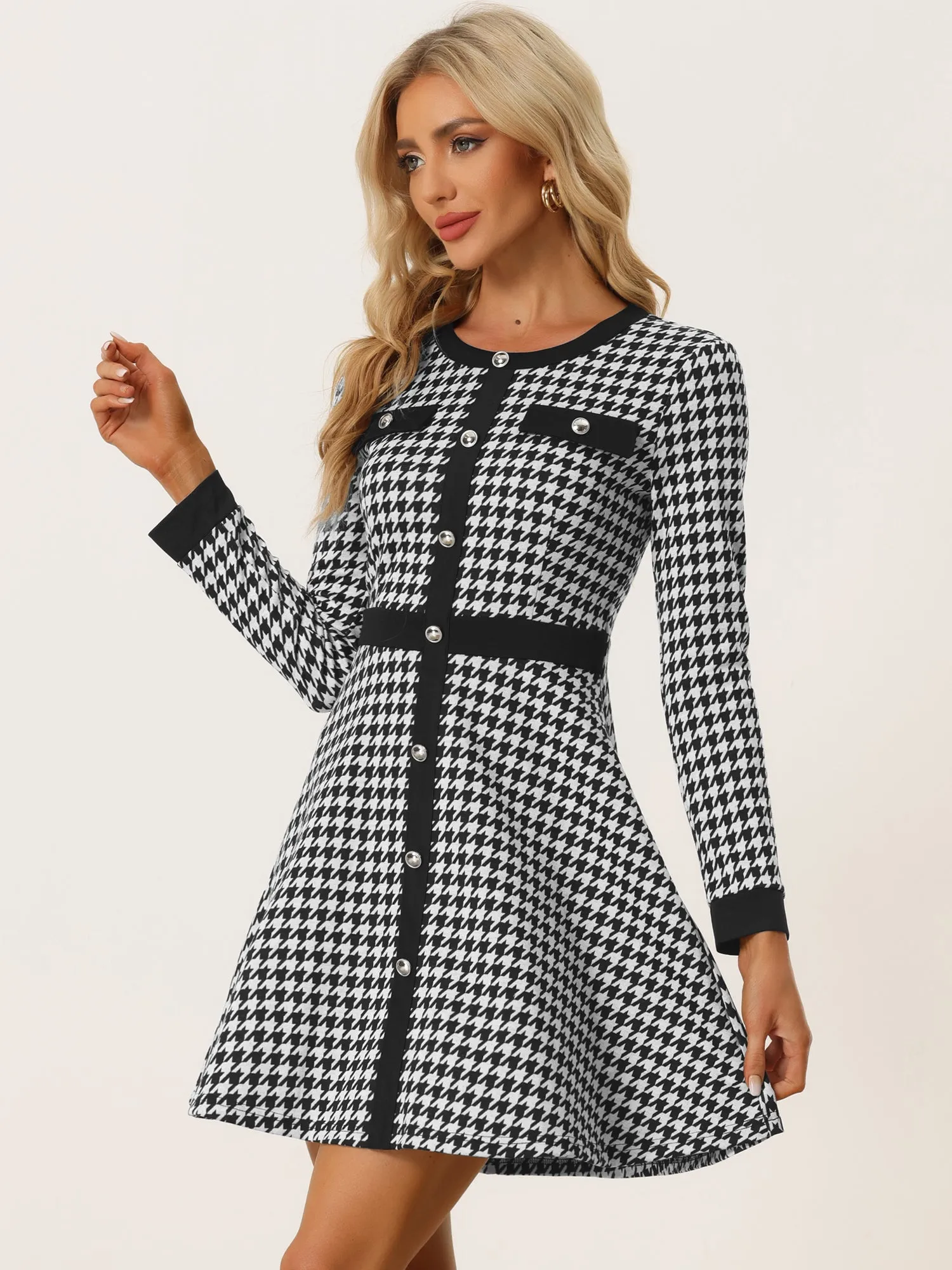 Houndstooth Plaid Contrast Color Crew Neck Button A-Line Dress sold by Allegra K product image thumbnail 2