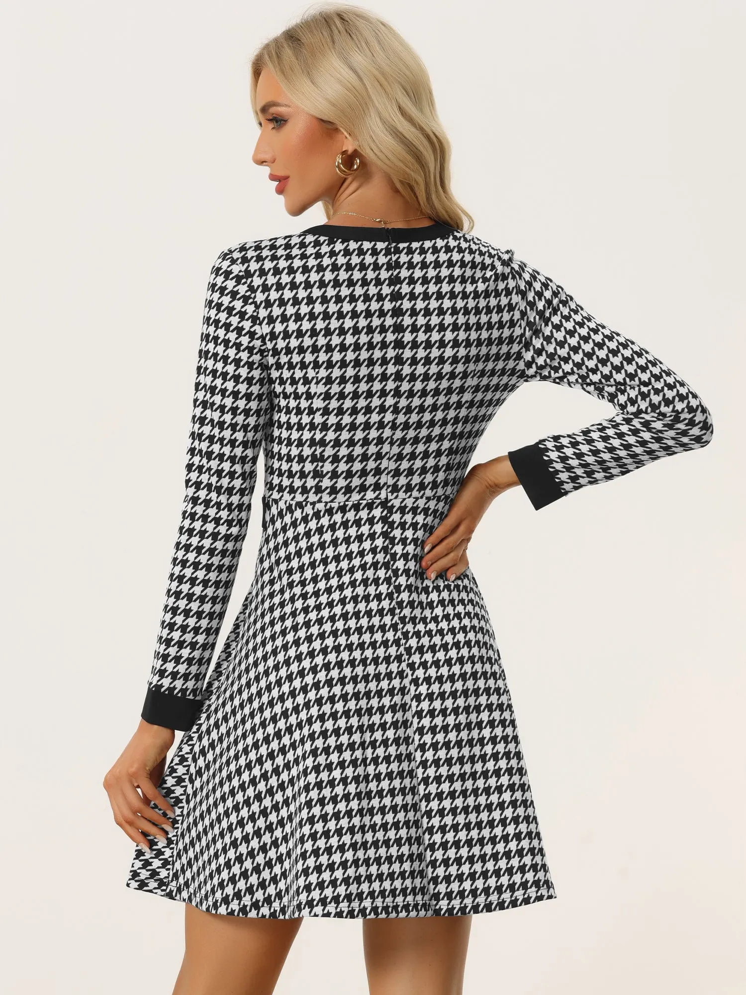 Houndstooth Plaid Contrast Color Crew Neck Button A-Line Dress sold by Allegra K product image thumbnail 3