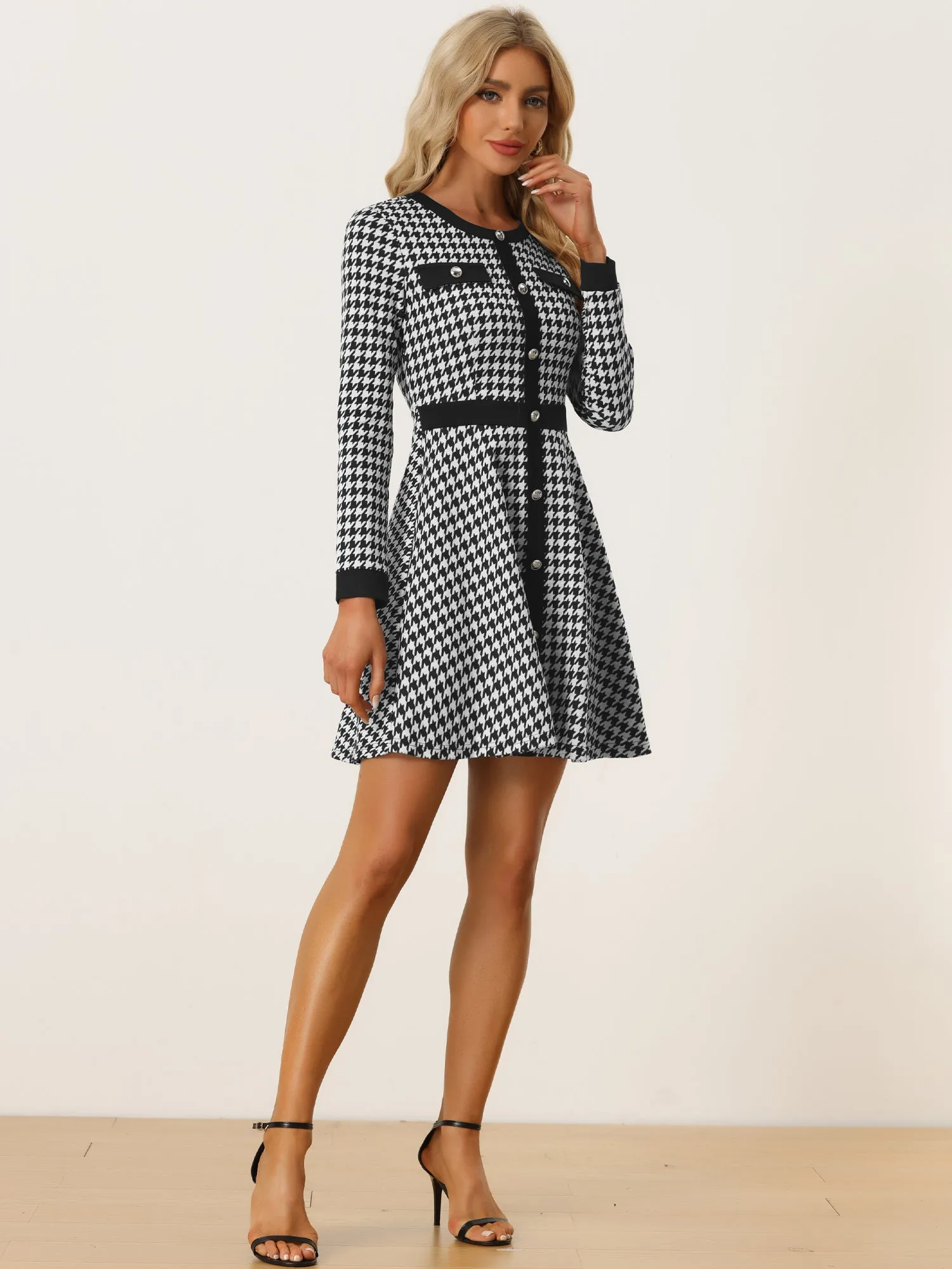 Houndstooth Plaid Contrast Color Crew Neck Button A-Line Dress sold by Allegra K