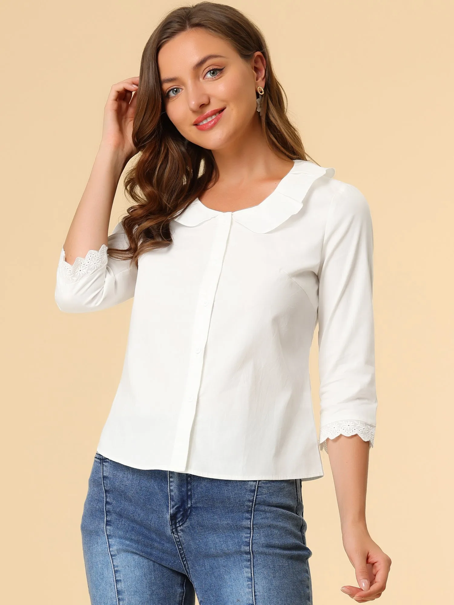 Peter Pan Collar Top 3/4 Sleeve Elegant Button Down Work Shirt sold by Allegra K