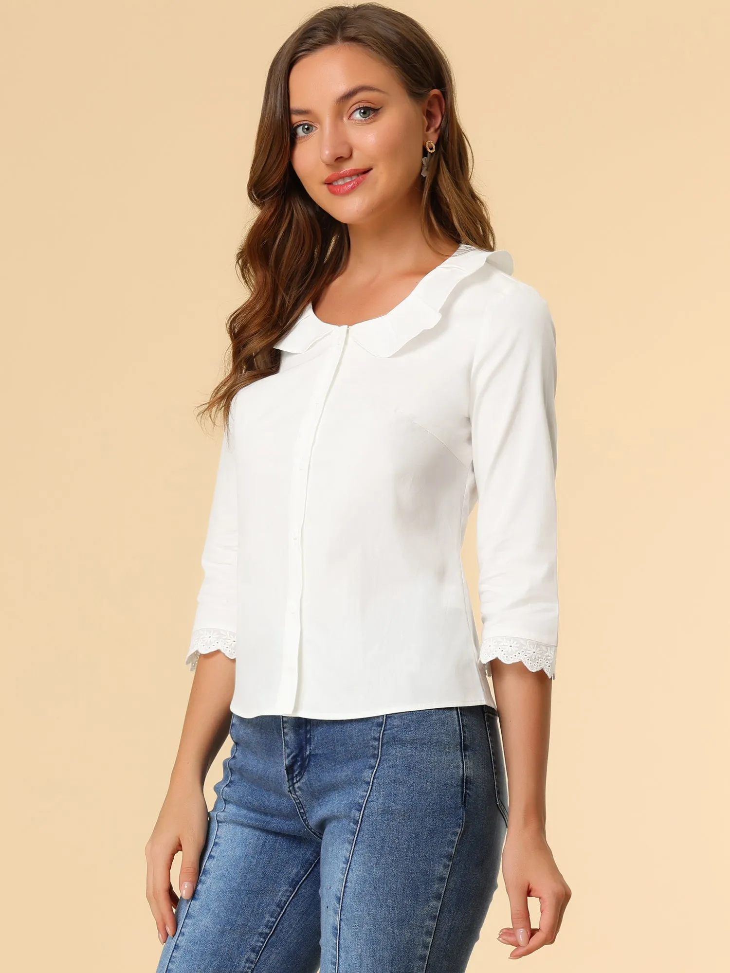 Peter Pan Collar Top 3/4 Sleeve Elegant Button Down Work Shirt sold by Allegra K product image thumbnail 4