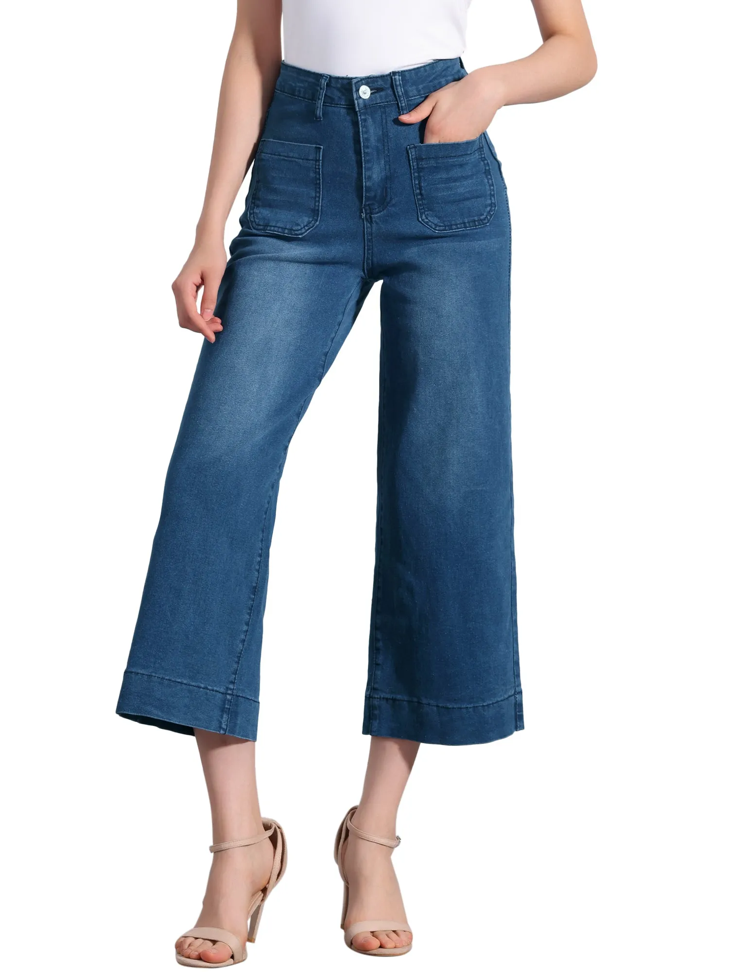 Straight JCasual Denim Pants with Pockets High Waist Capris Cropped Jeans sold by Allegra K product image thumbnail 5