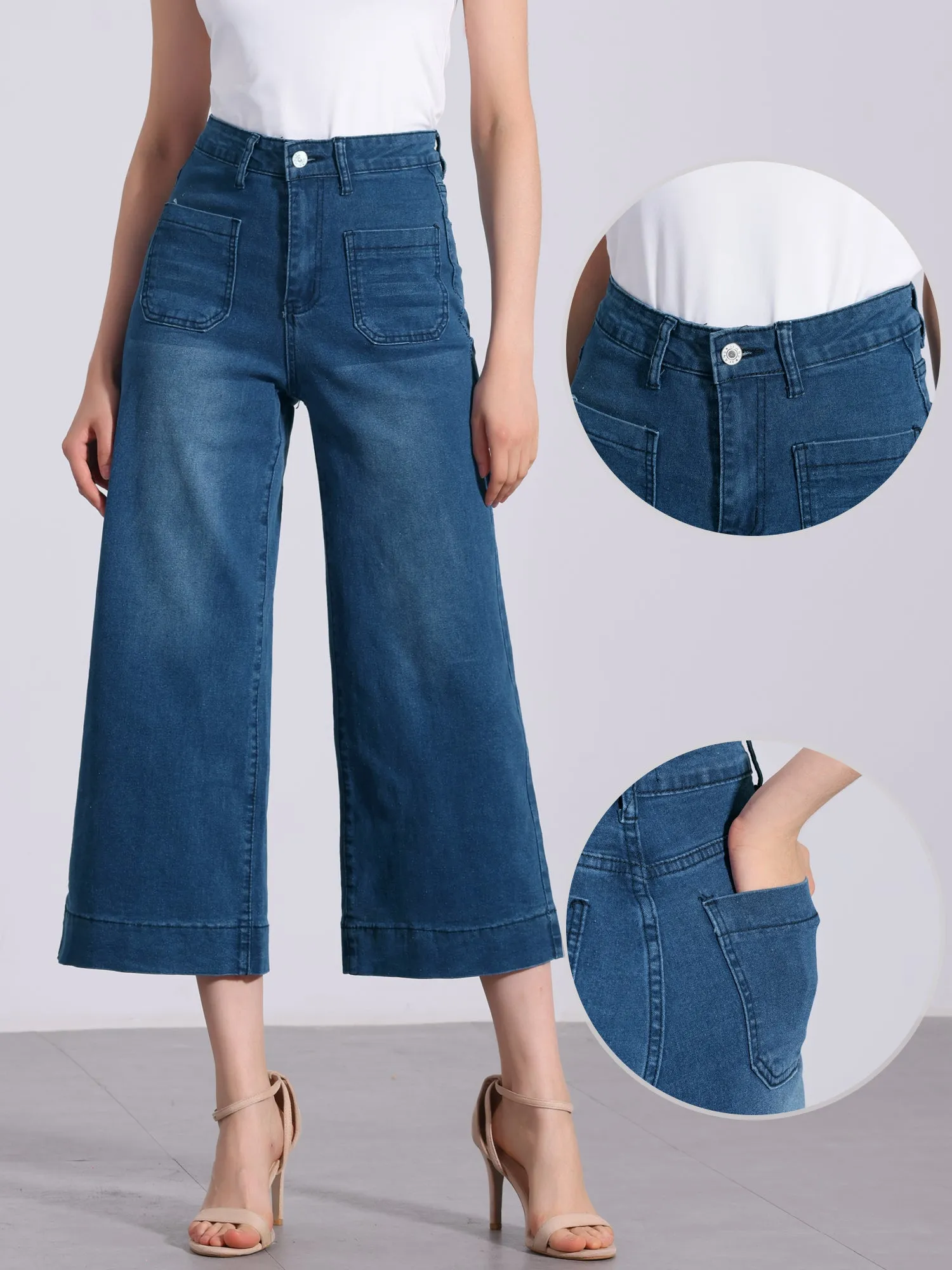 Straight JCasual Denim Pants with Pockets High Waist Capris Cropped Jeans sold by Allegra K product image thumbnail 2