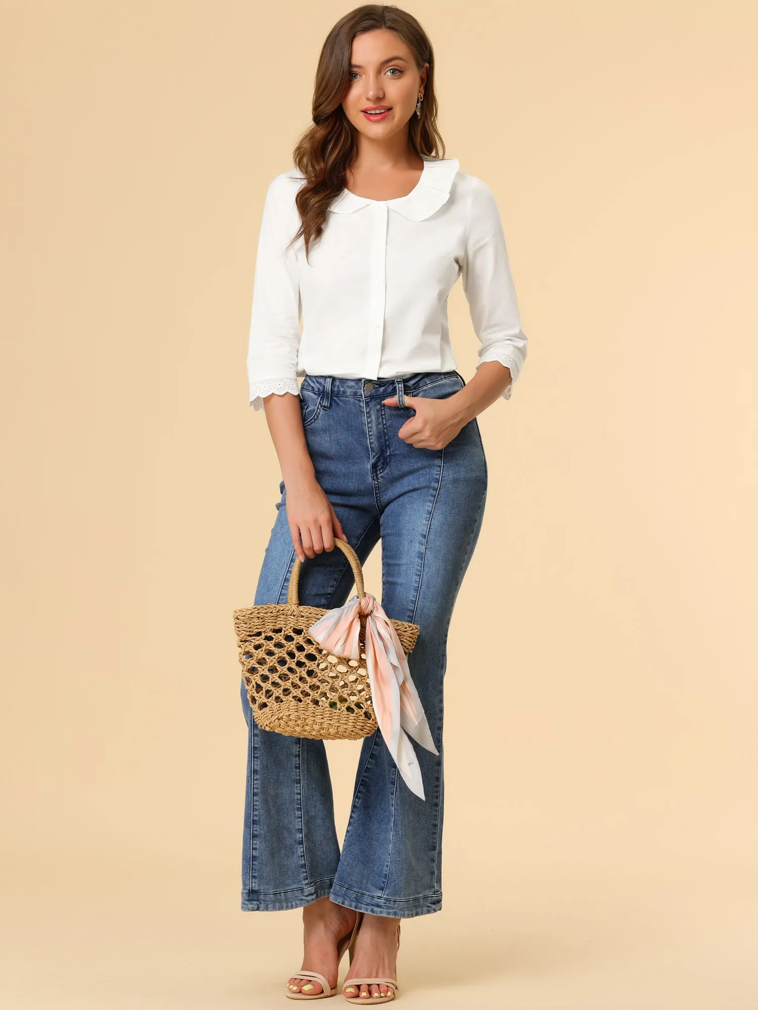 Peter Pan Collar Top 3/4 Sleeve Elegant Button Down Work Shirt sold by Allegra K product image thumbnail 2