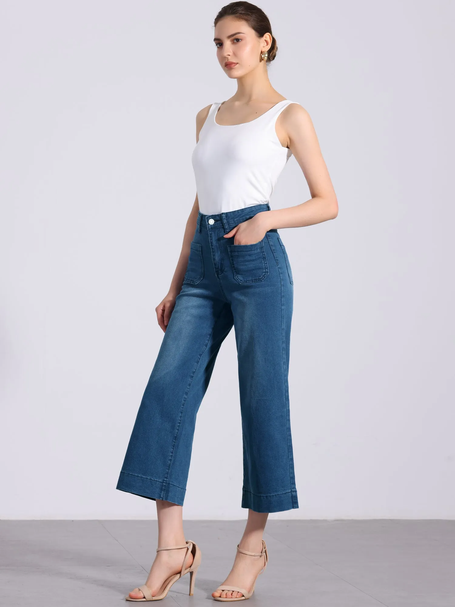 Straight JCasual Denim Pants with Pockets High Waist Capris Cropped Jeans sold by Allegra K