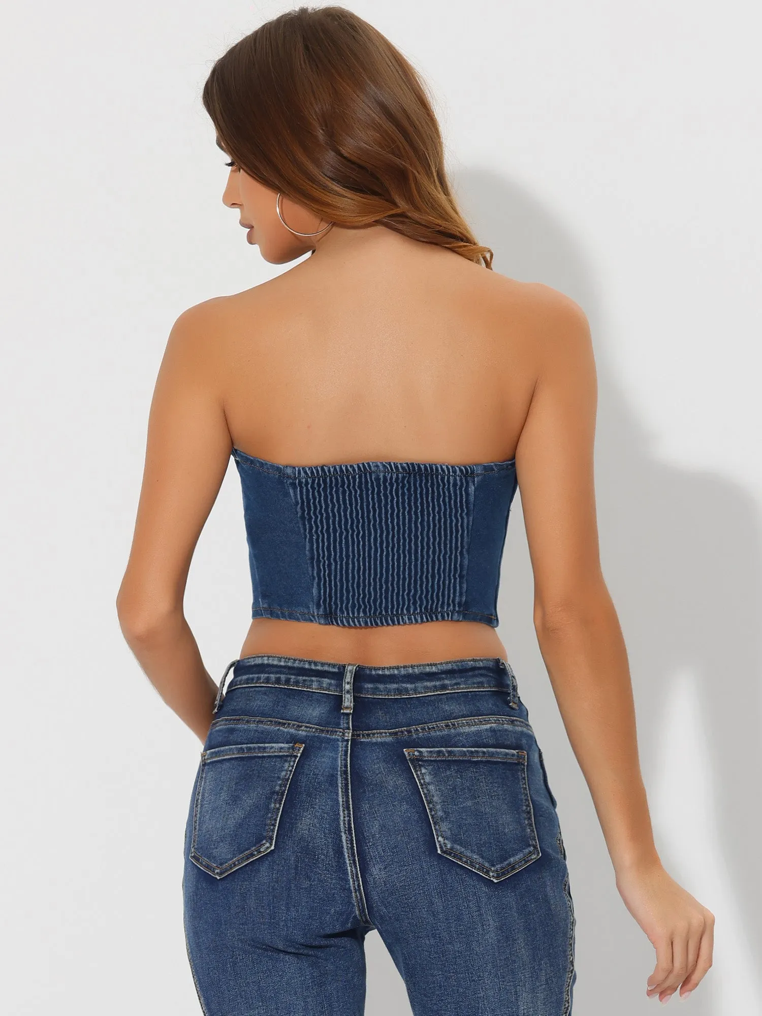 Button Front Smock Back Tank Cami Strapless Denim Crop Top sold by Allegra K product image thumbnail 2