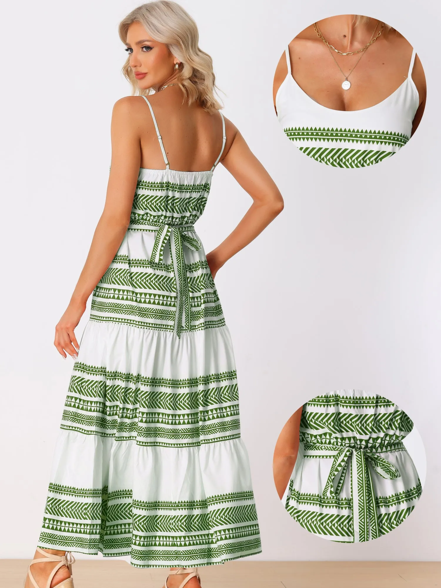 Boho Spaghetti Strap Tie Waist Cami Tiered Maxi Dress Sundress sold by Allegra K product image thumbnail 2