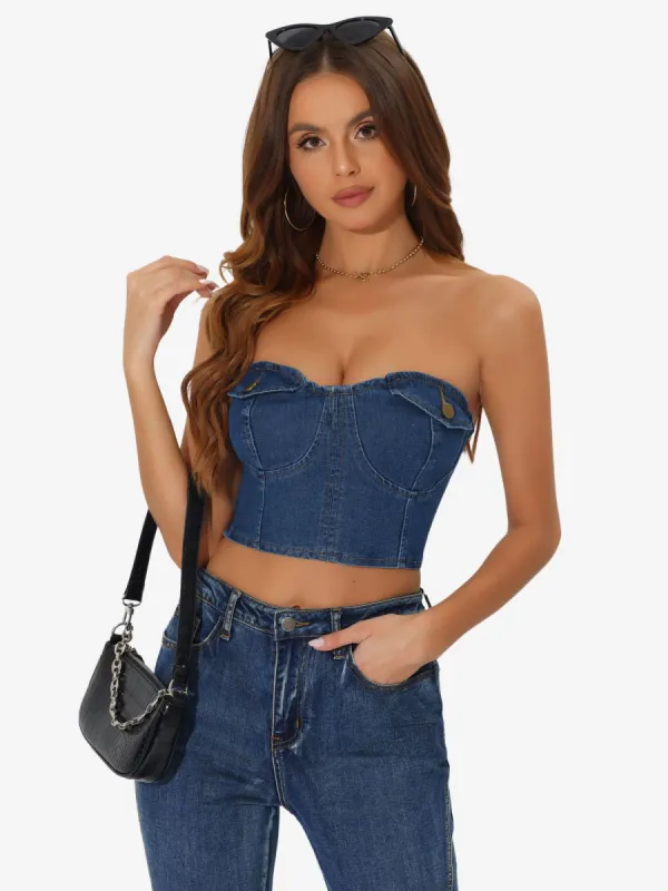 Button Front Smock Back Tank Cami Strapless Denim Crop Top sold by Allegra K