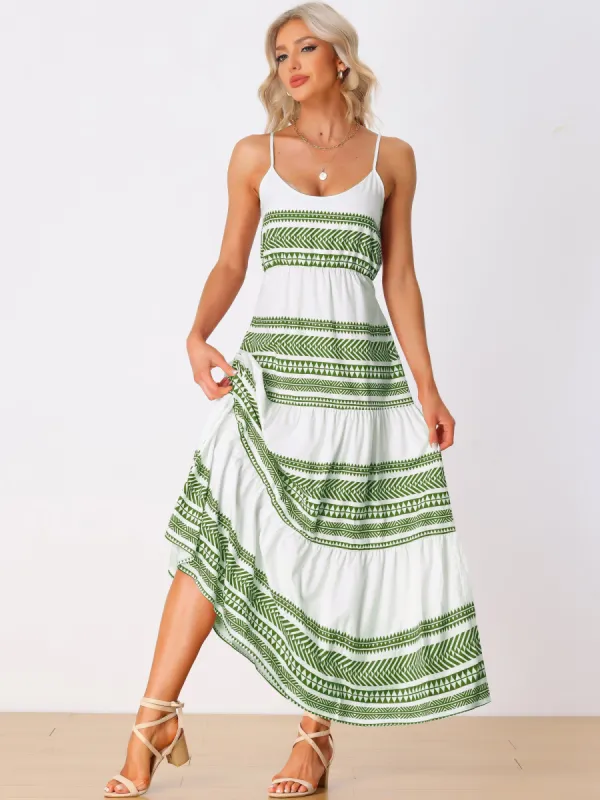 Boho Spaghetti Strap Tie Waist Cami Tiered Maxi Dress Sundress sold by Allegra K