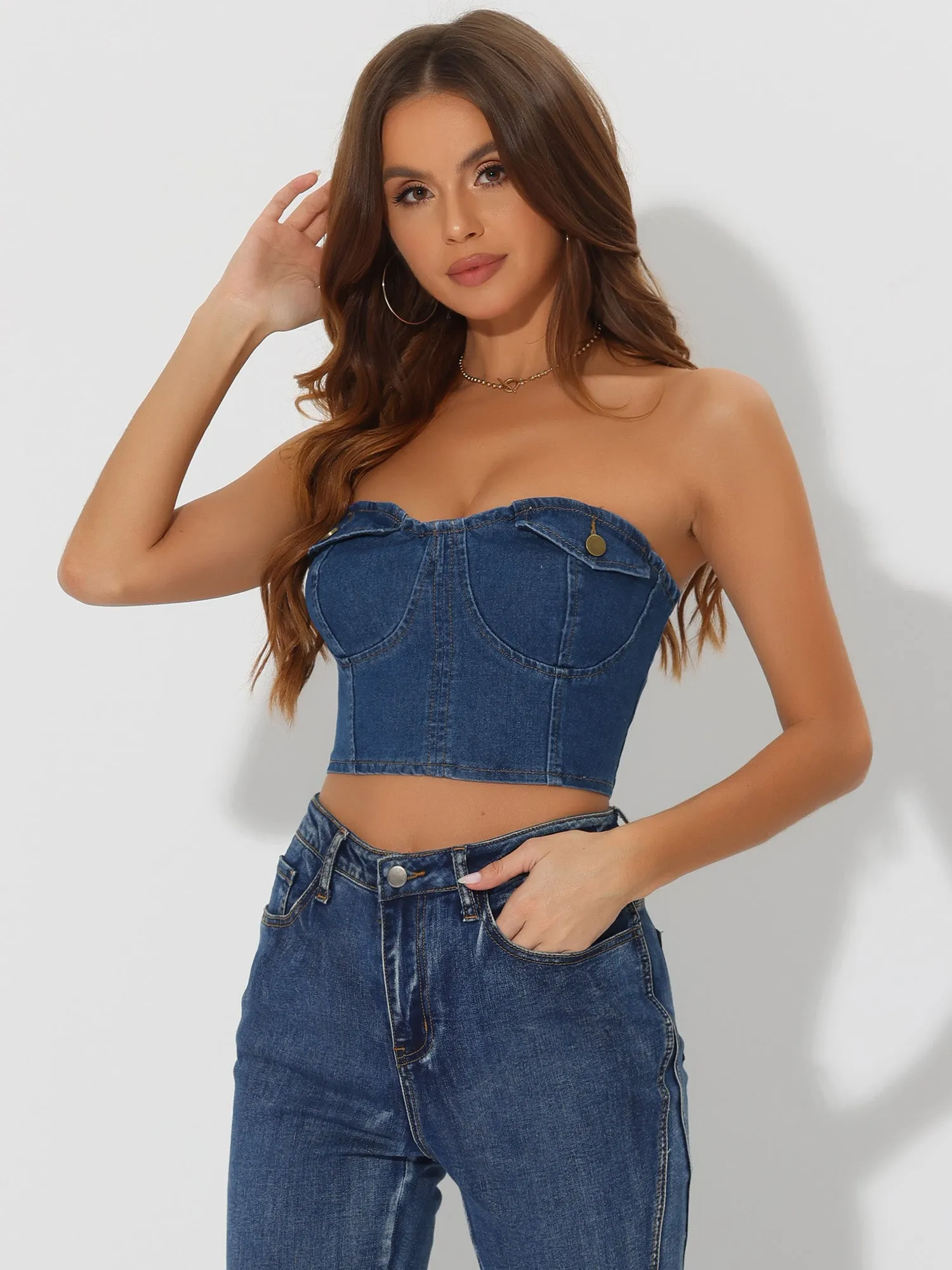 Button Front Smock Back Tank Cami Strapless Denim Crop Top sold by Allegra K product image thumbnail 3