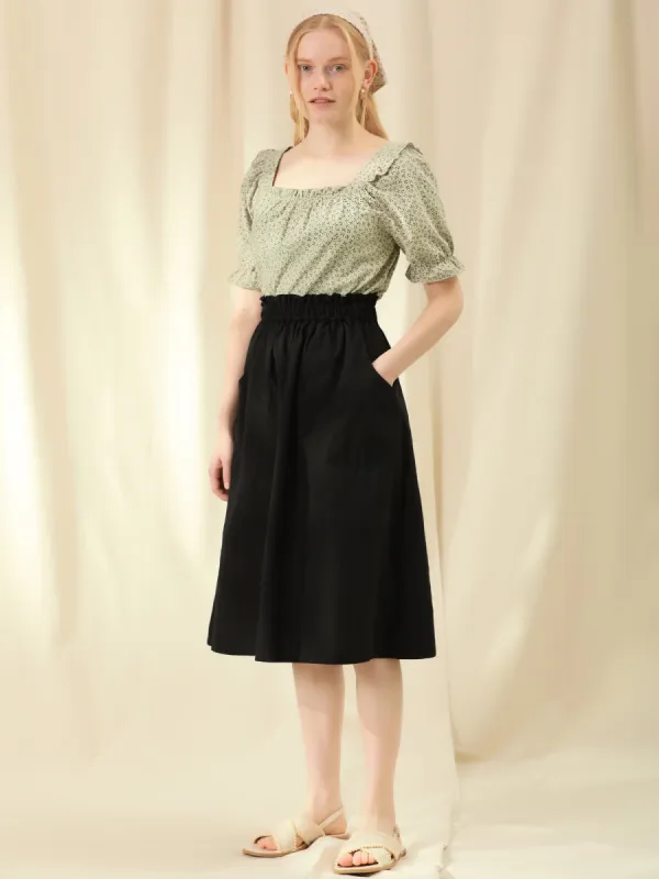 Square Neck Puff Sleeve Ruffled Trim Cotton Peasant Floral Top sold by Allegra K