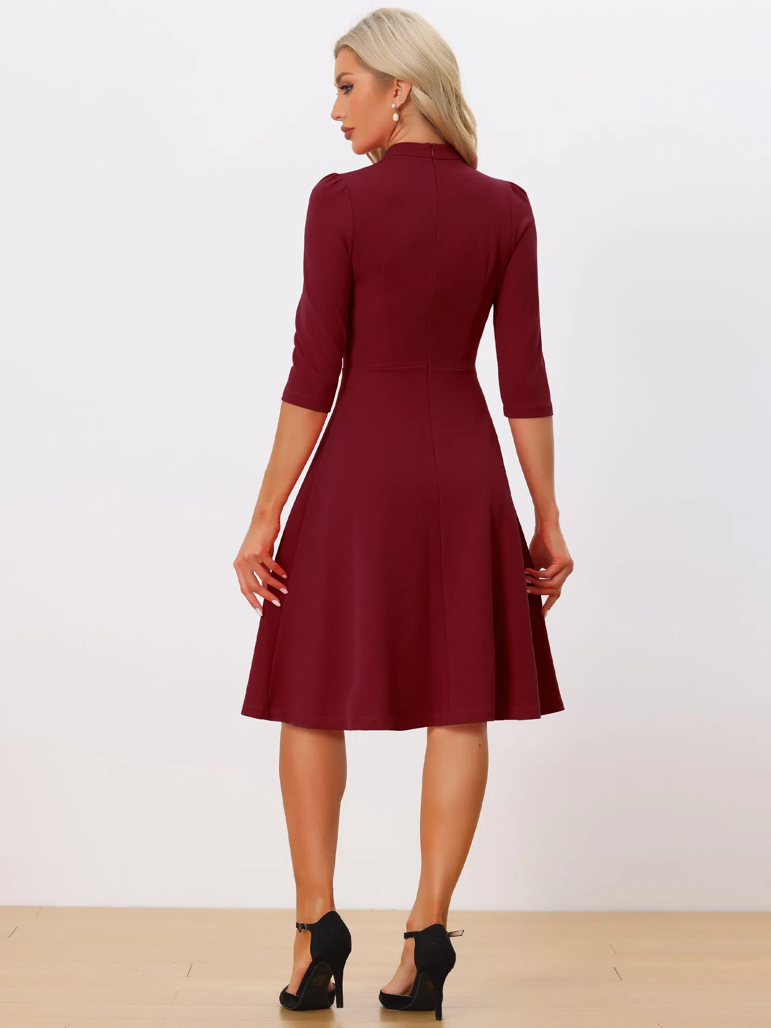 Retro 3/4 Sleeve Stand Collar Office Work Elegant A-Line Dress sold by Allegra K product image thumbnail 3