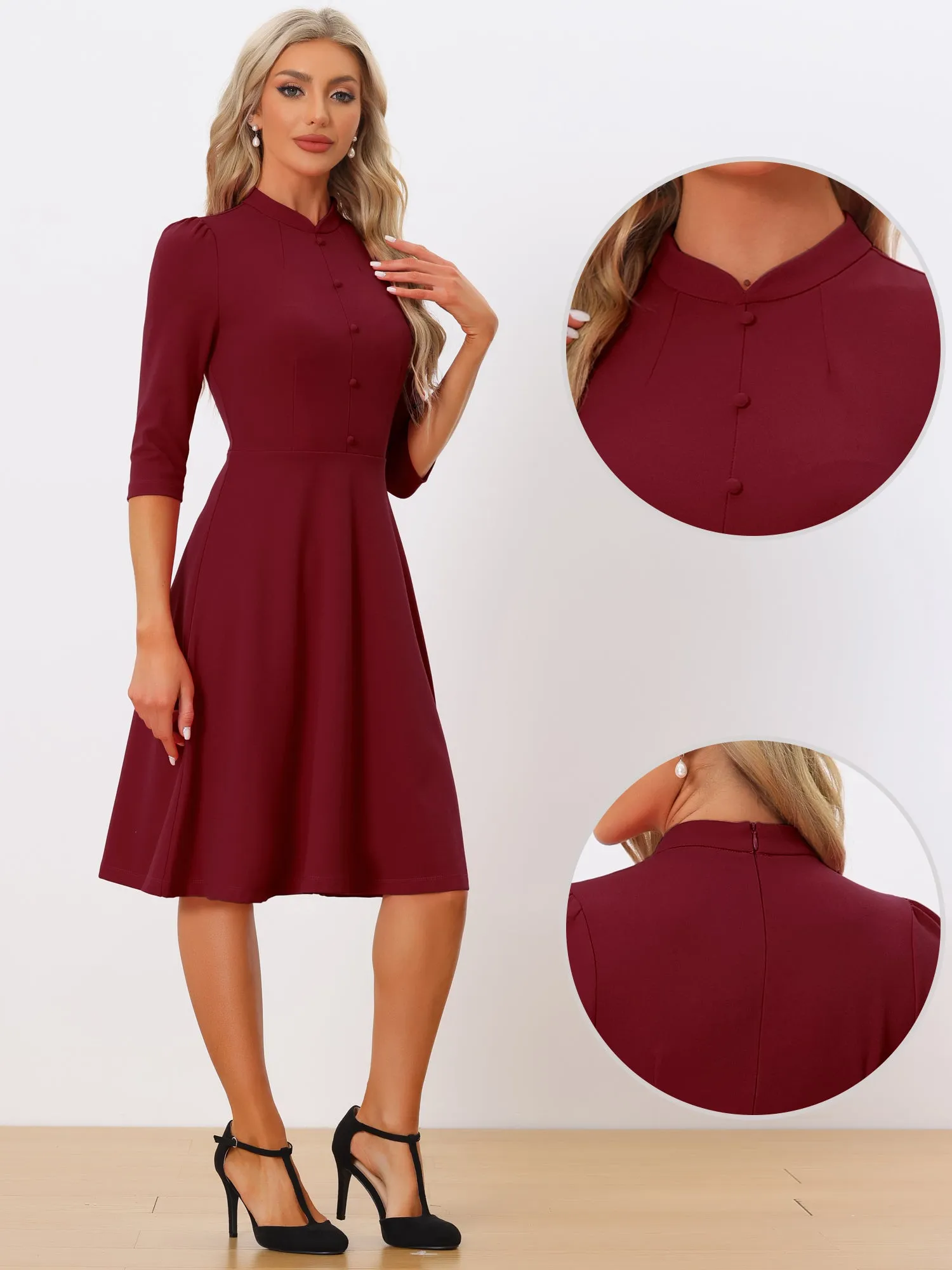 Retro 3/4 Sleeve Stand Collar Office Work Elegant A-Line Dress sold by Allegra K product image thumbnail 2