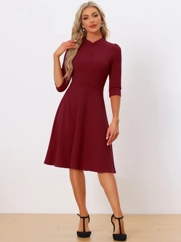Retro 3/4 Sleeve Stand Collar Office Work Elegant A-Line Dress sold by Allegra K