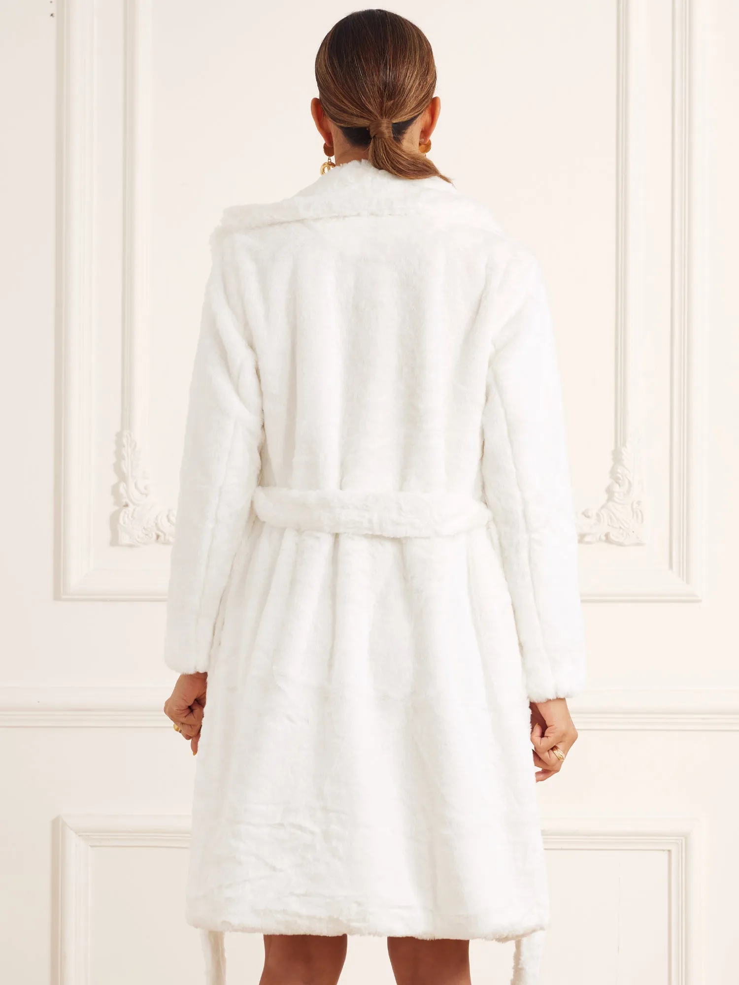 Long Coat Belted Lapel Open Front Faux Fur Fluffy Jackets sold by Allegra K product image thumbnail 3