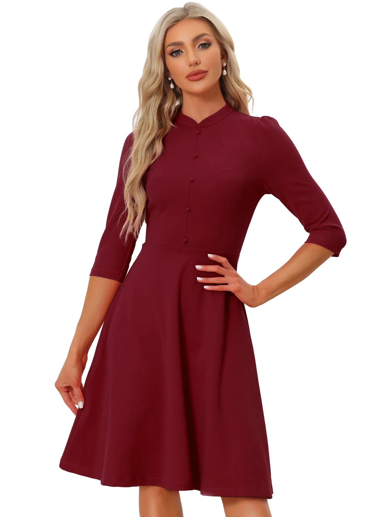 Retro 3/4 Sleeve Stand Collar Office Work Elegant A-Line Dress sold by Allegra K product image thumbnail 4