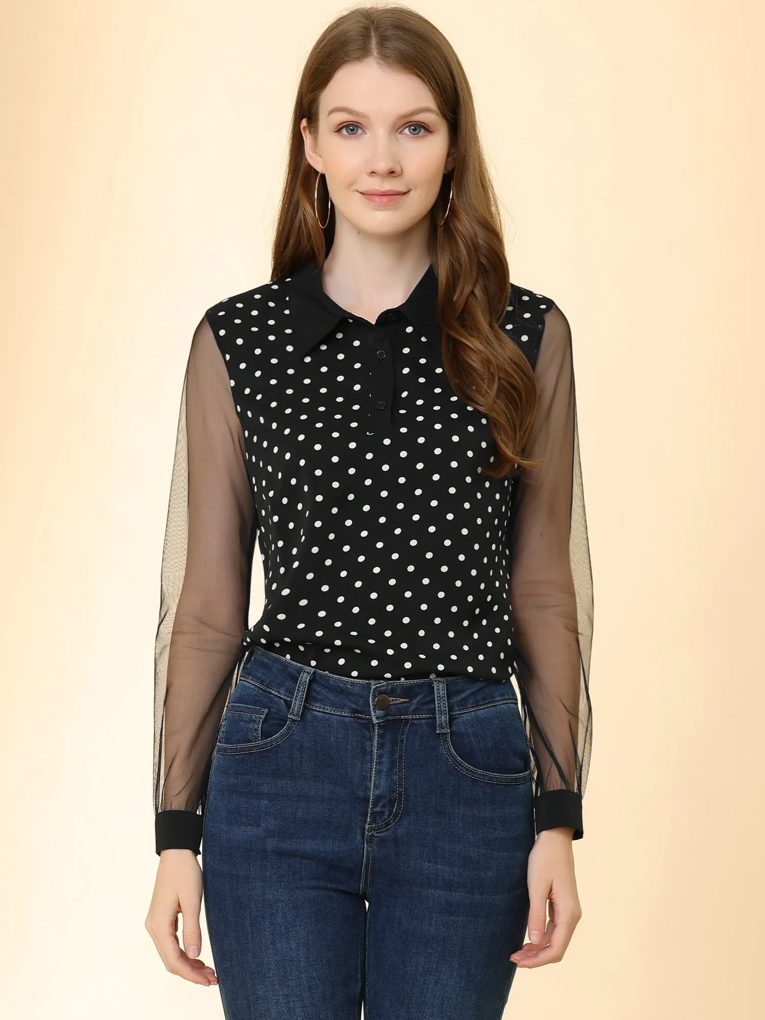 Polka Dots Blouse Half Placket Sheer Mesh Long Sleeve Top sold by Allegra K product image thumbnail 3