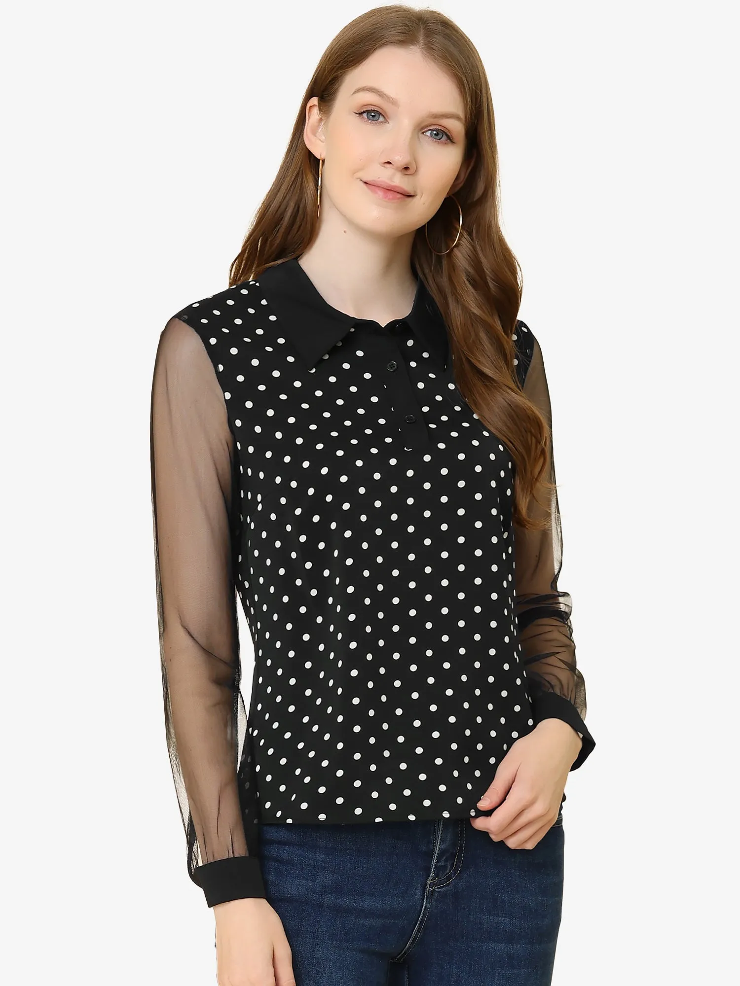 Polka Dots Blouse Half Placket Sheer Mesh Long Sleeve Top sold by Allegra K