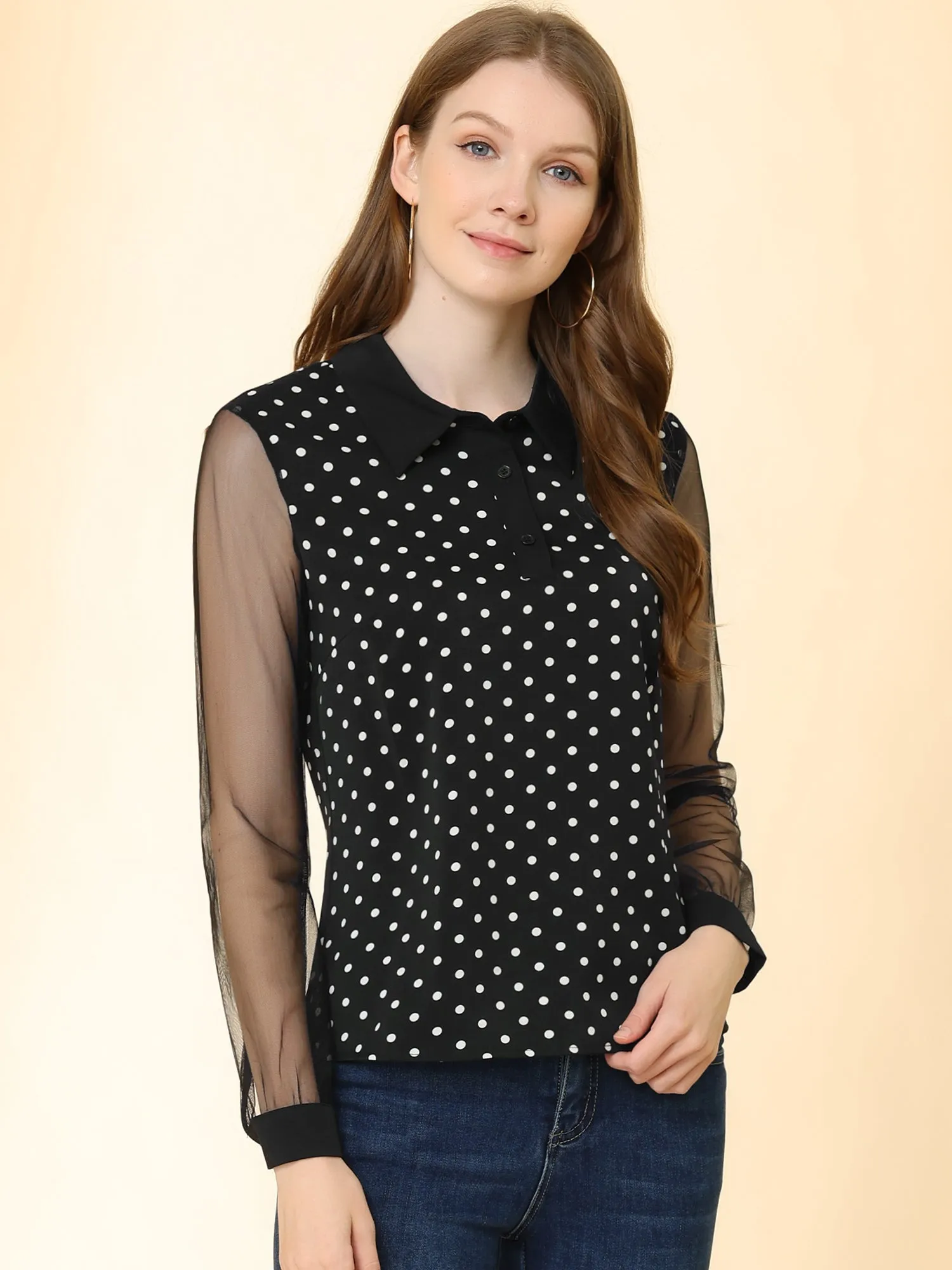 Polka Dots Blouse Half Placket Sheer Mesh Long Sleeve Top sold by Allegra K product image thumbnail 2