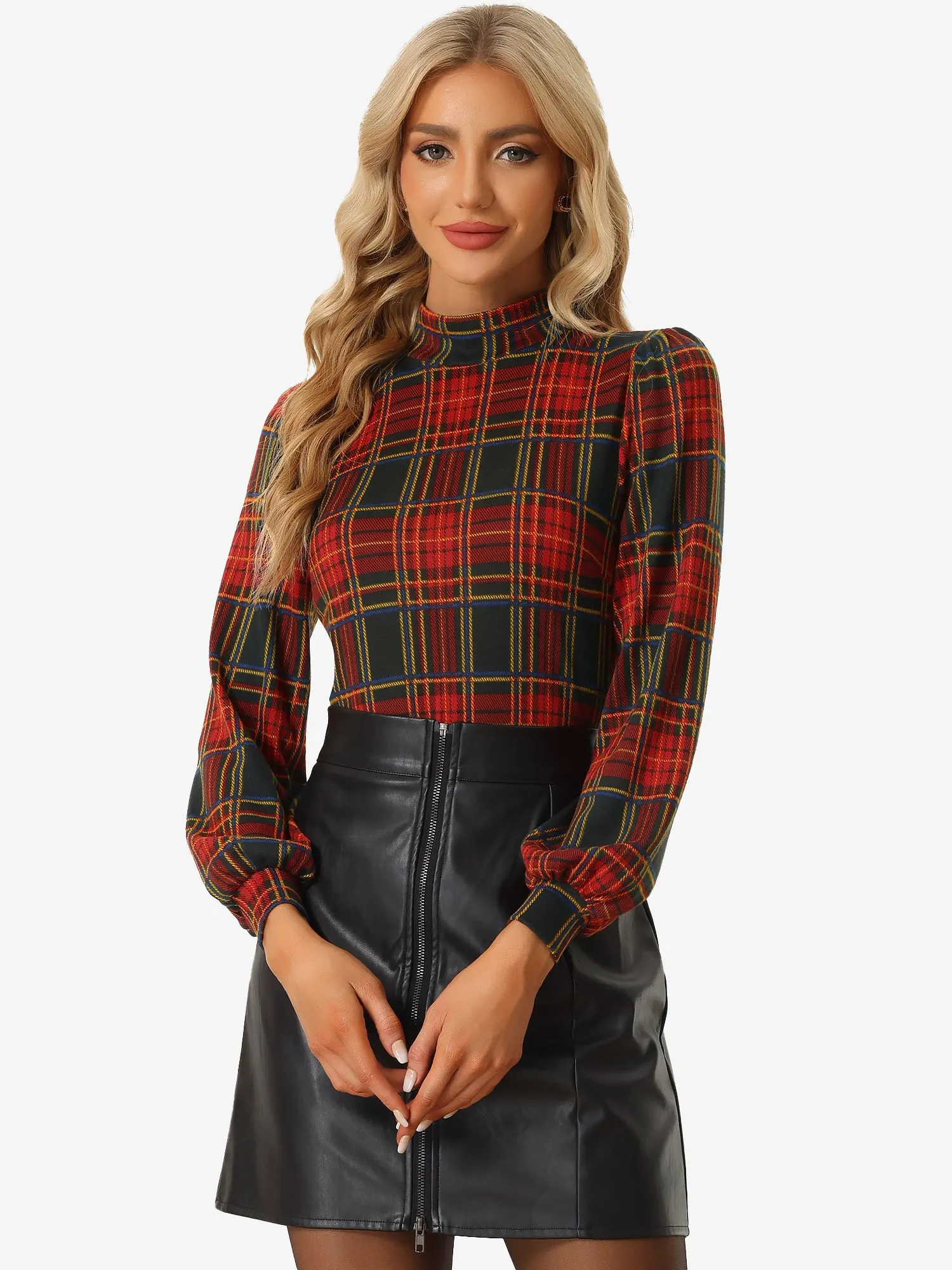 Mock Neck Blouse Puff Long Sleeve Vintage Plaid Tops sold by Allegra K