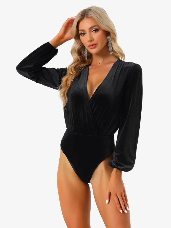 Velvet Deep V Neck Long Sleeve Wrap Vintage Leotard Bodysuit sold by Allegra K