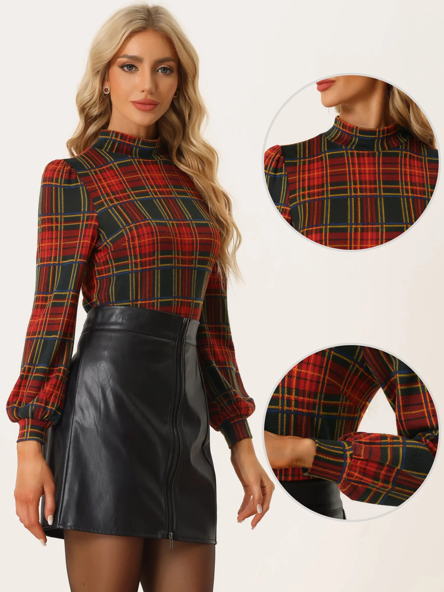 Mock Neck Blouse Puff Long Sleeve Vintage Plaid Tops sold by Allegra K product image thumbnail 2