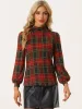 Mock Neck Blouse Puff Long Sleeve Vintage Plaid Tops sold by Allegra K