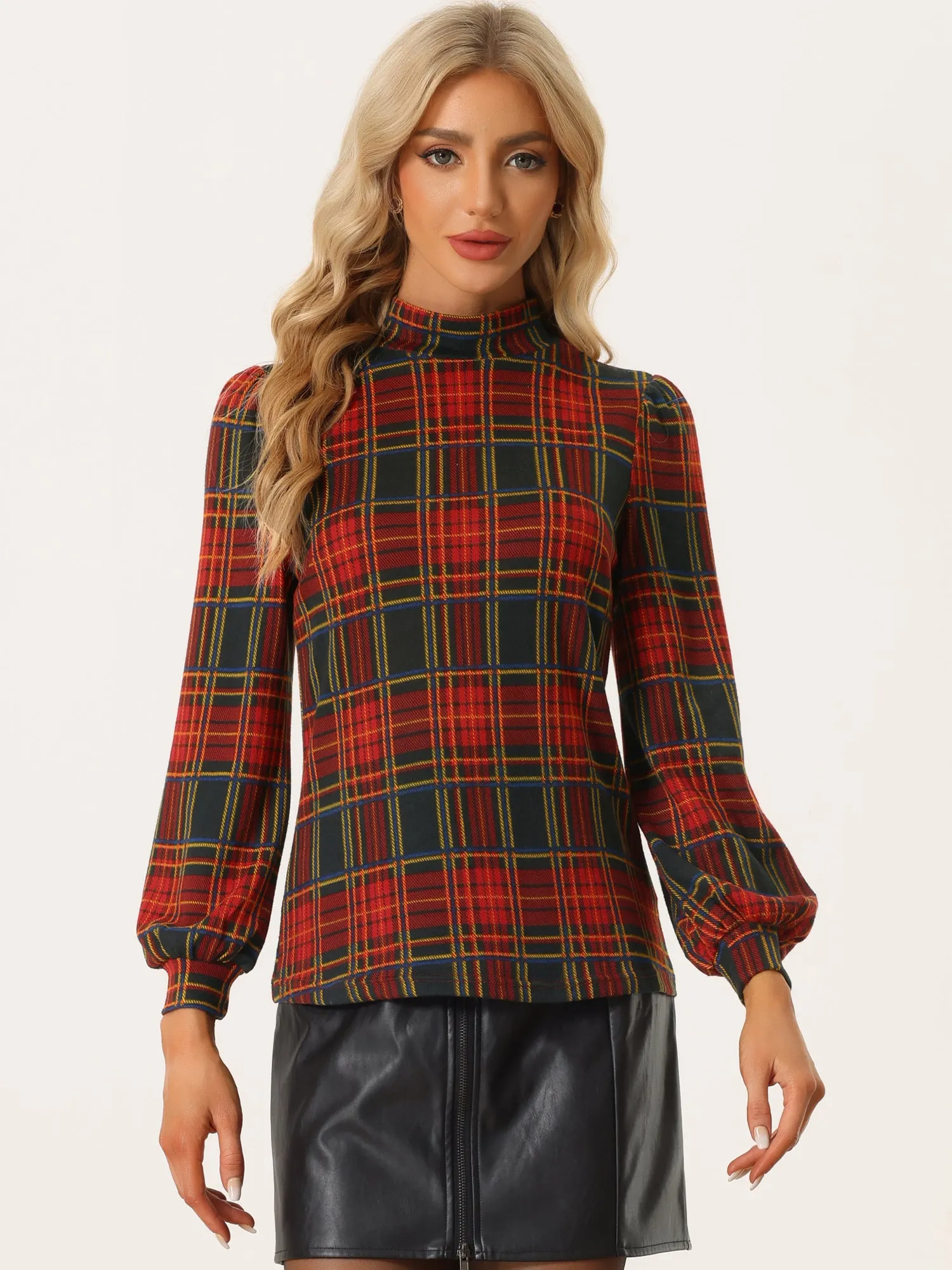 Mock Neck Blouse Puff Long Sleeve Vintage Plaid Tops sold by Allegra K product image thumbnail 4