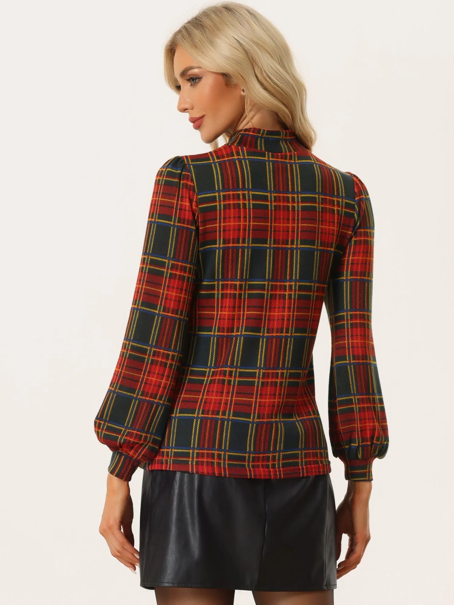 Mock Neck Blouse Puff Long Sleeve Vintage Plaid Tops sold by Allegra K product image thumbnail 3