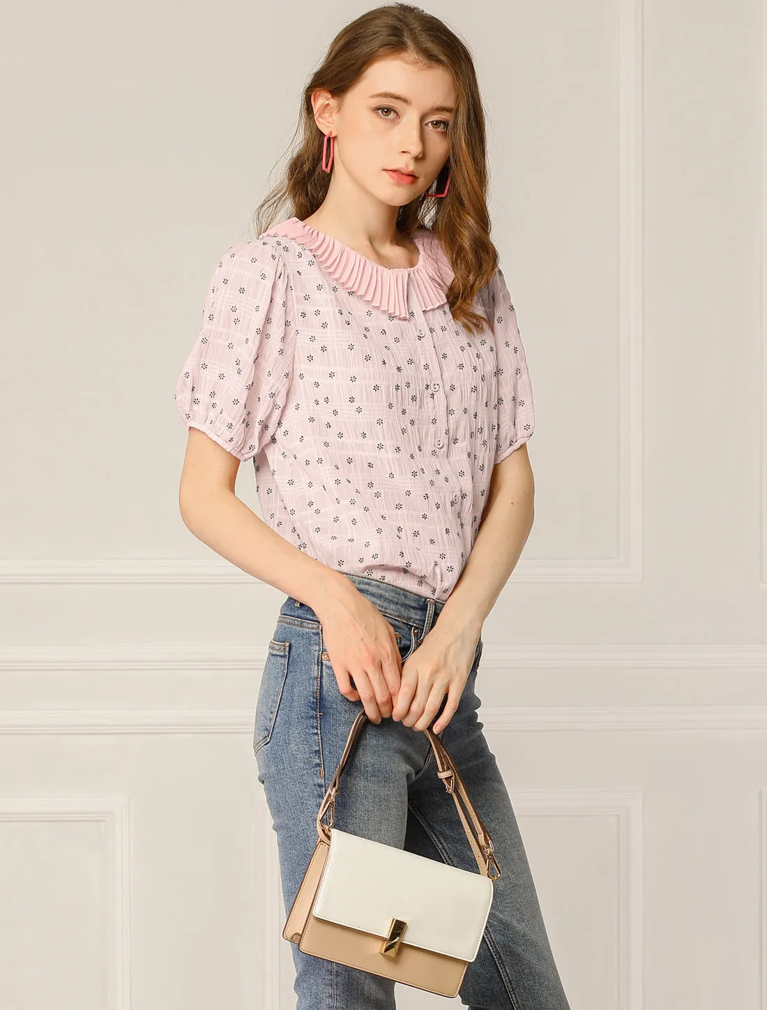 Button Down Short Sleeve Shirt Pleated Collar Floral Blouse sold by Allegra K product image thumbnail 4