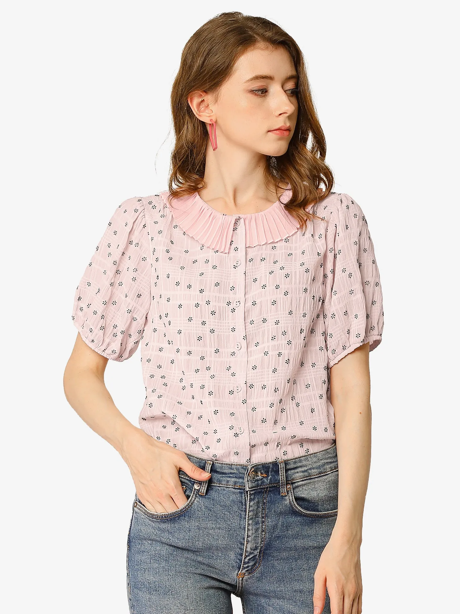 Button Down Short Sleeve Shirt Pleated Collar Floral Blouse sold by Allegra K