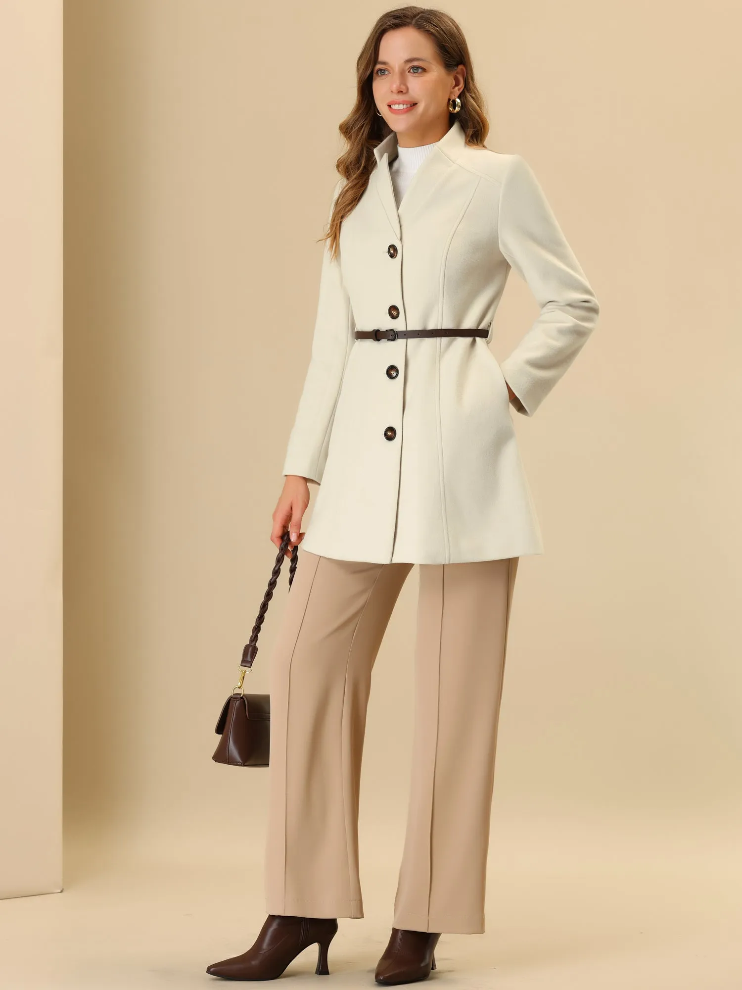 Single Breasted Overcoat Elegant Stand Collar Belt Winter Coat sold by Allegra K product image thumbnail 2