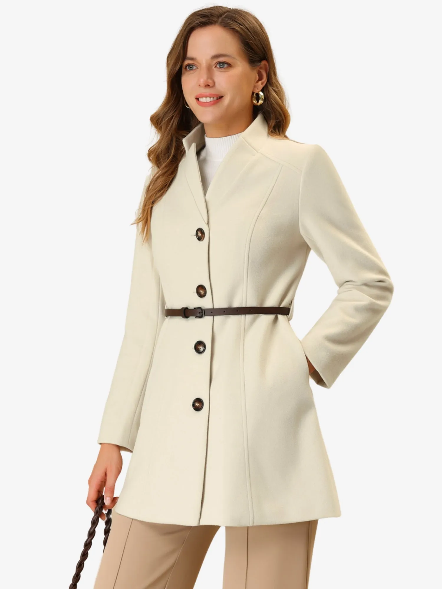 Single Breasted Overcoat Elegant Stand Collar Belt Winter Coat sold by Allegra K