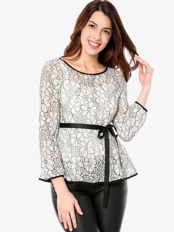 Elegant Tie Waist Long Sleeve Top Lace Peplum Blouses sold by Allegra K